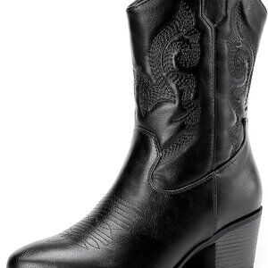 Women Cowboy Boots Faux Leather 8in Mid Calf Embroidery Western Shoes
